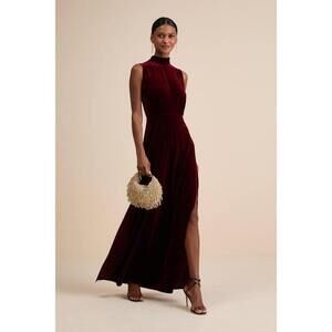 Lulus Classic Elegance Wine Red Velvet Sleeveless Mock Neck Maxi Dress - Size M